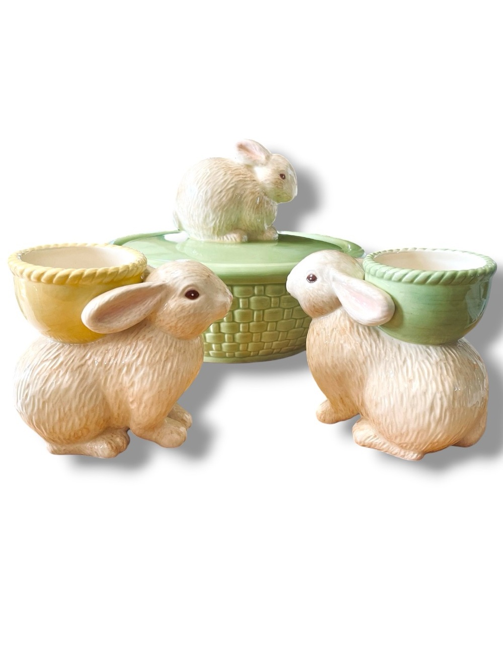 Hallmark bunny set, 2 egg cups and covered candy dish, vintage, ceramic